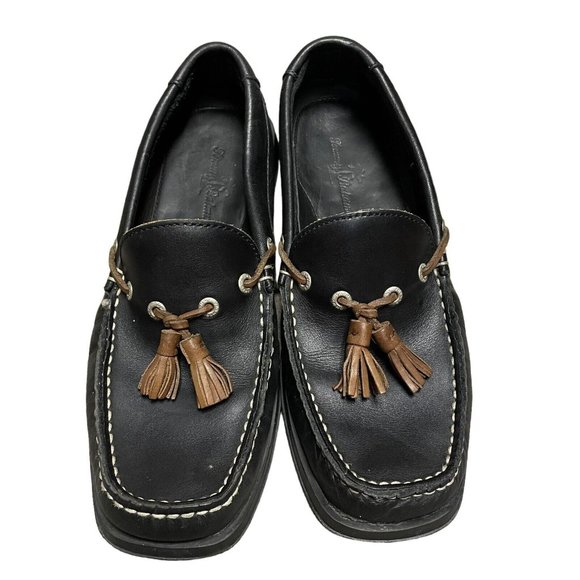 Tommy Bahama Black Brown Leather Square Toe Tassel Boat Loafers Mens Size 7 M